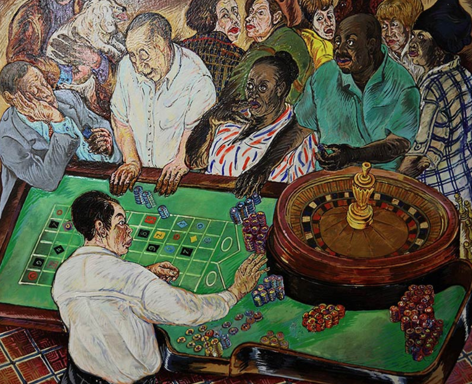 Peinture surréaliste autour d'une table de roulette de casino