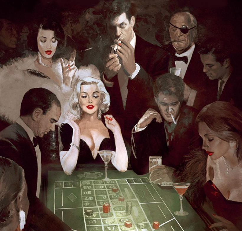 Illustration vintage d'une scène de casino glamour avec personnage Marilyn Monroe