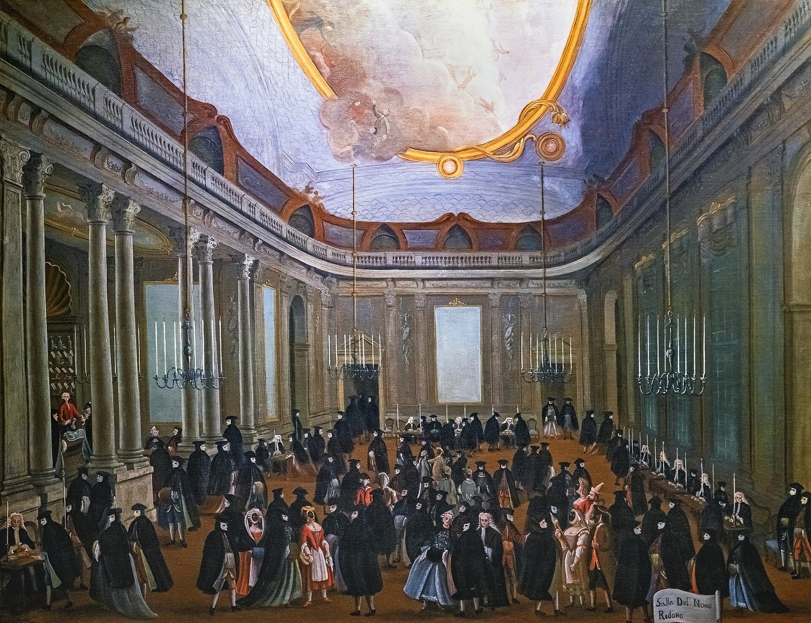 Le Ridotto de Venise au XVIIIe siècle : salle de jeu bondée de joueurs masqués